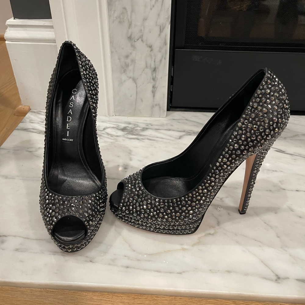 Casadei Black Crystal Peep-Toe Heels